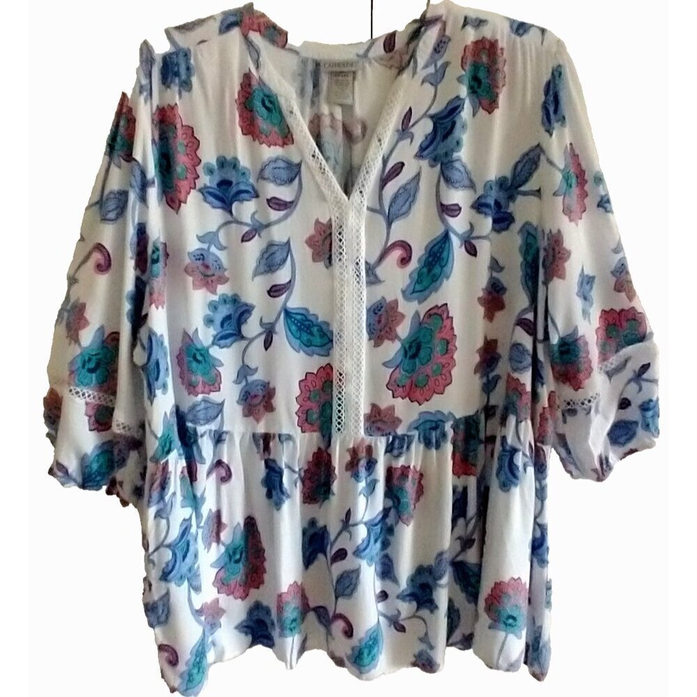 CATHERINES White Blue Floral Popover Blouse Cottagecore Peasant Boho- 3X (26/28)
